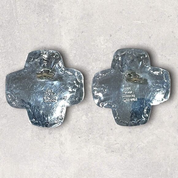 Vintage TAXCO Western 925 Silver Real Malachite Clip-on Concho Cross Earrings - Picture 6 of 7